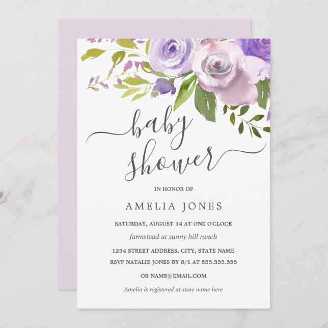 Convite Chá de fraldas Floral Puro de Aquarela (Frente/Verso)