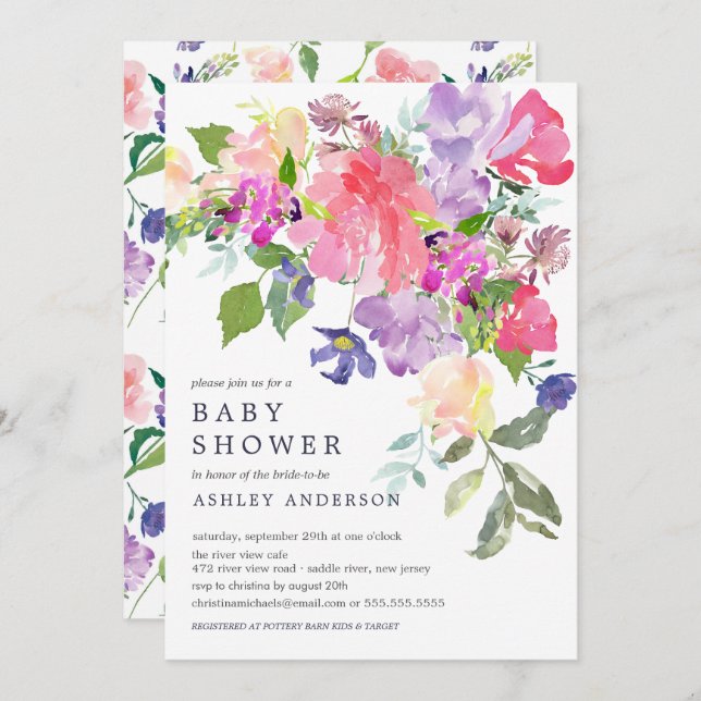 Convite Chá de fraldas Floral Púrpura, Cor-de-Água (Frente/Verso)