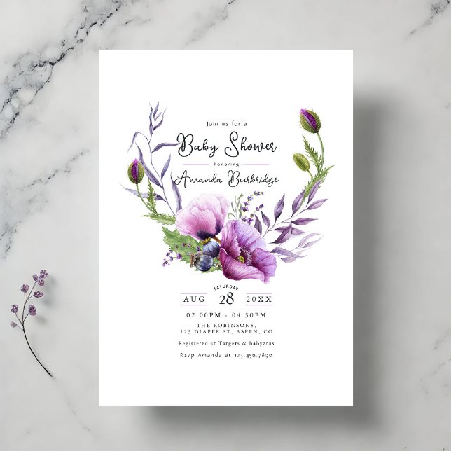 Convite Chá de fraldas Floral Púrpura Pastel (Pastel Purple Poppy Floral Wreath Baby Shower Invitation)