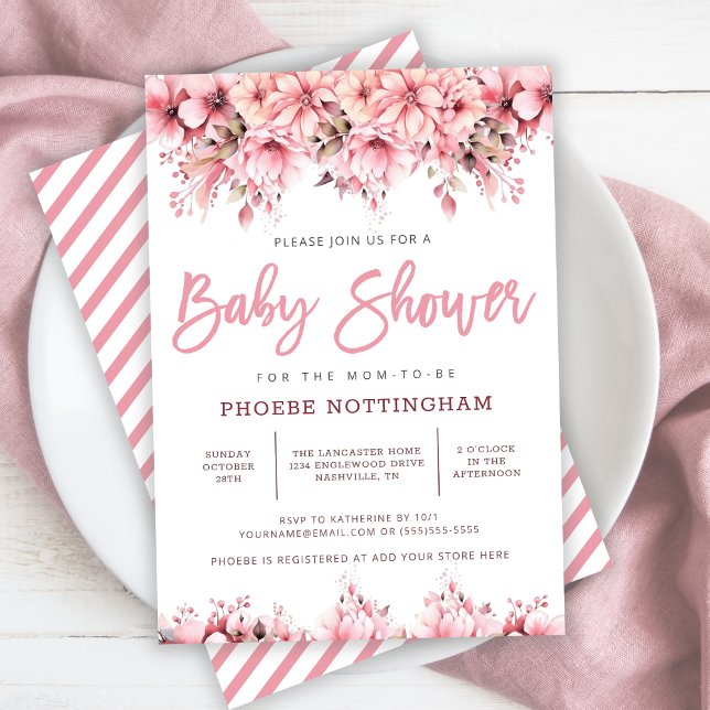 Convite Chá de fraldas Floral Rosa (Girl Pink Floral Baby Shower Invitation)
