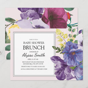 Convite Chá de fraldas Floral Rosa Amarelo Roxo Brunch
