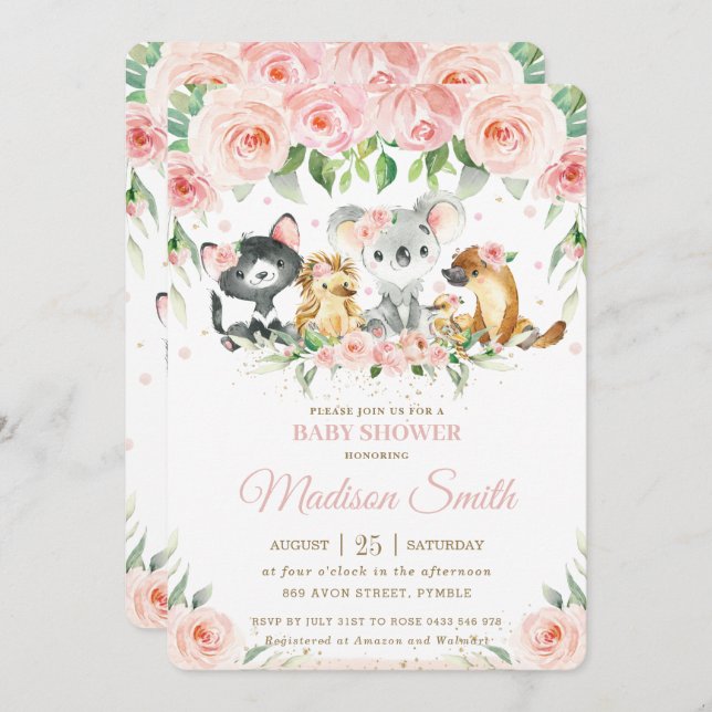 Convite Chá de fraldas Floral Rosa Blush, Animais da Austr (Frente/Verso)
