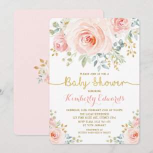 Convite Chá de fraldas Floral Rosa Blush Dourado