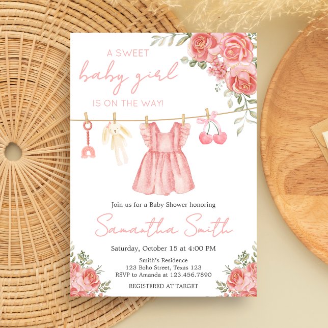 Convite Chá de fraldas Floral Rosa Boho (Sweet Little Girl Boho Floral Clothesline Baby Shower Invitation )