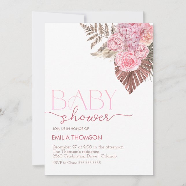 Convite Chá de fraldas Floral Rosa Boho (Frente)