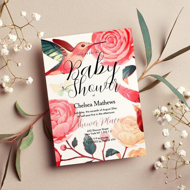 Convite Chá de fraldas floral rosa-coral (Coral pink teal hummingbird floral Baby Shower Invitation)