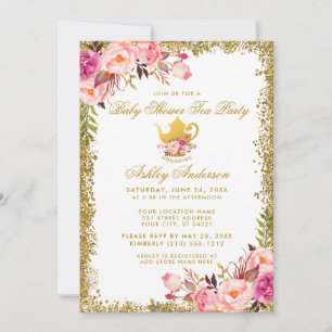 Convite Chá de fraldas Floral Rosa Dourado Tea Party Conv