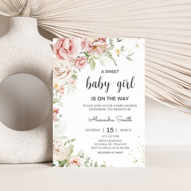 Convite Chá de fraldas Floral Rosa Dusty (Dusty Pink Greenery Floral Baby Shower)