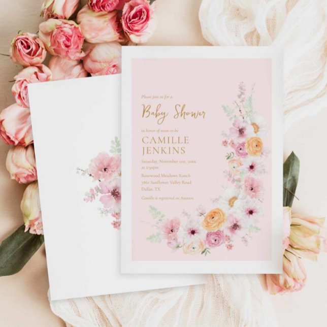 Convite Chá de fraldas Floral Rosa Elegante (Outdoor Summer Girl Baby Shower Invitation)