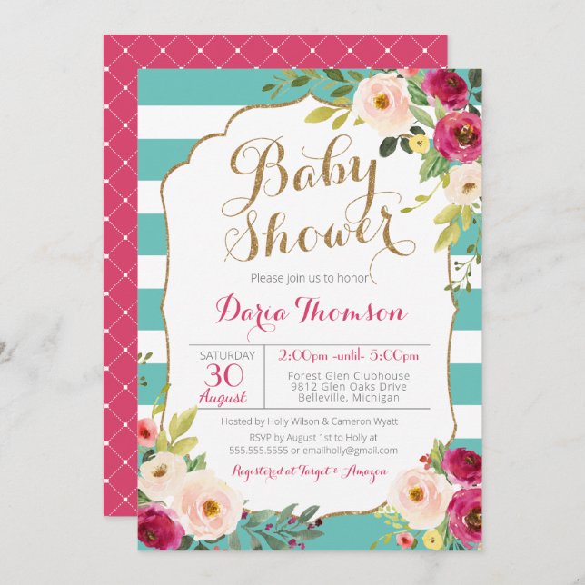 Convite Chá de fraldas Floral Rosa-Rosa-Rosa-Stripe Branca (Frente/Verso)