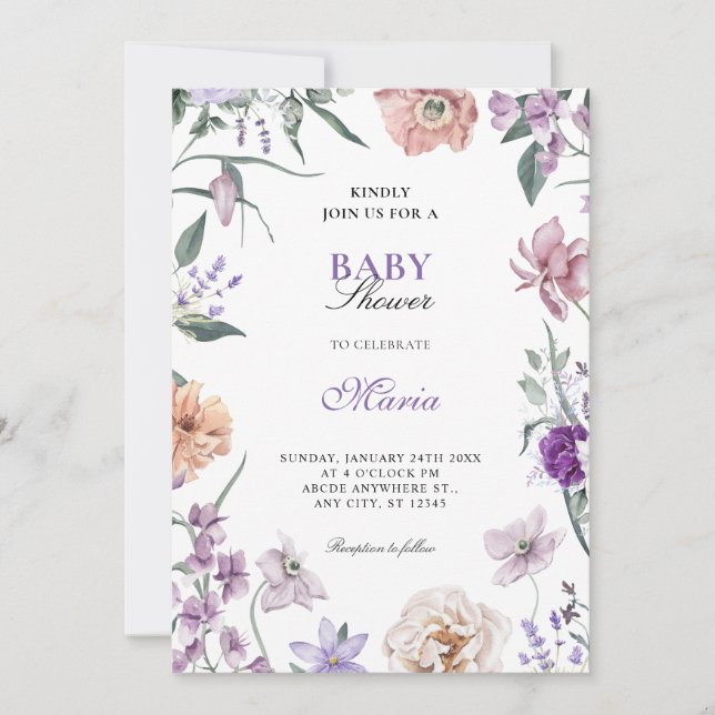 Convite Chá de fraldas floral roxo (Frente)