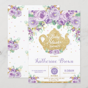 Convite Chá de fraldas Floral Roxo, Tea Party Baby Girl
