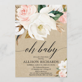 Convite Chá de fraldas floral russa da menina, branco esbr