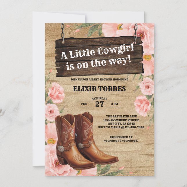 Convite Chá de fraldas Floral Russo Cowgirl Boots (Frente)