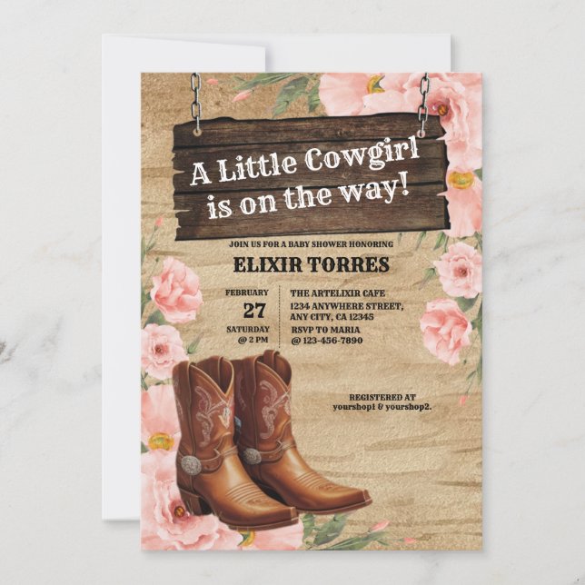 Convite Chá de fraldas Floral Russo Cowgirl Boots (Frente)