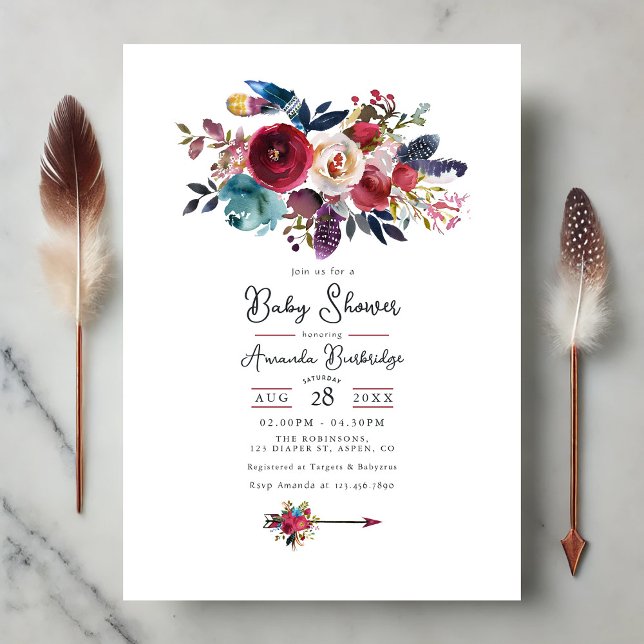 Convite Chá de fraldas Floral Rustic Burgundy Boho (Rustic Burgundy Boho Floral Baby Shower Invitation)