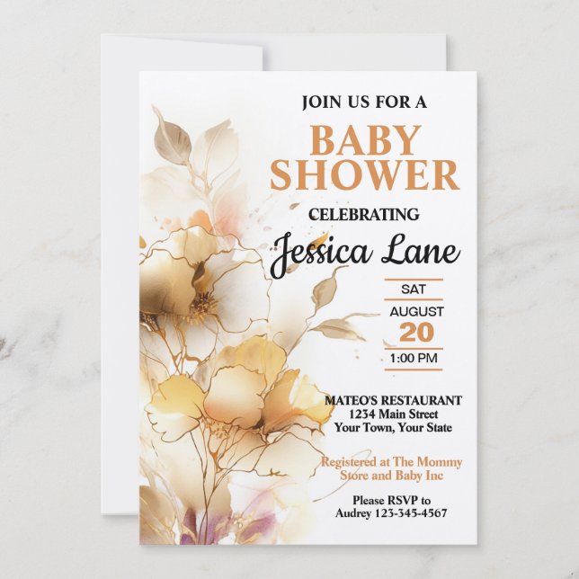 Convite Chá de fraldas Floral Rustico Elegante (Frente)