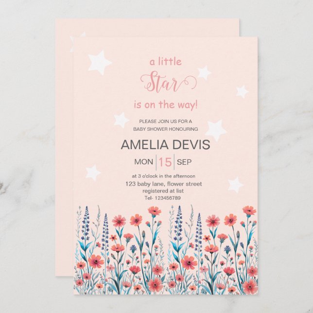 Convite Chá de fraldas Floral Star (Frente/Verso)