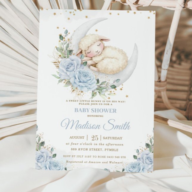 Convite Chá de fraldas Floral Suave De Lâmpada De Lua Azul (Criador carregado)