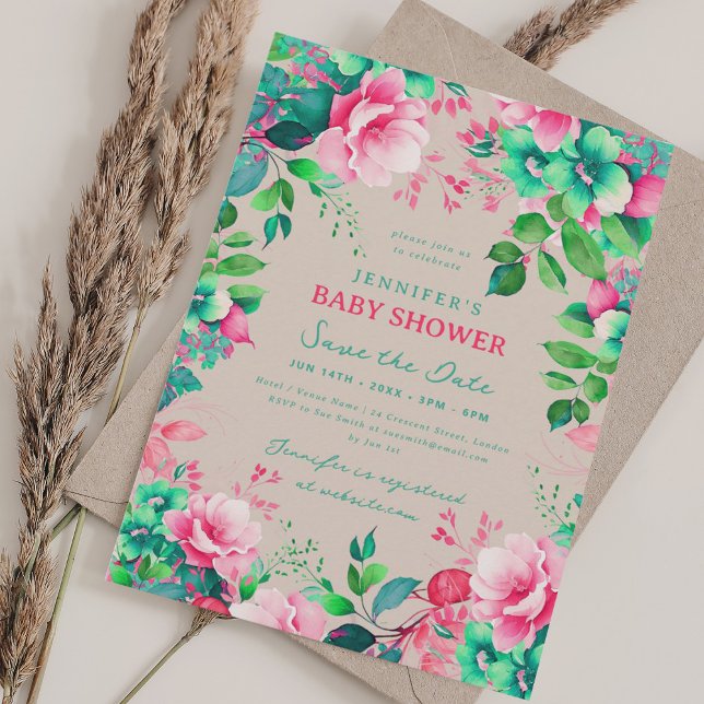 Convite Chá de fraldas Floral Summer Save Date Champagne (Summer Floral Baby Shower Save Date Champagne Invitation)