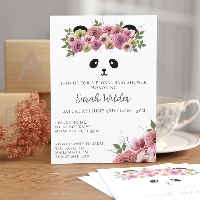 Convite Chá de fraldas Floral, Tema do Urso Panda, Garota  (A pretty panda baby shower invitation just for you)