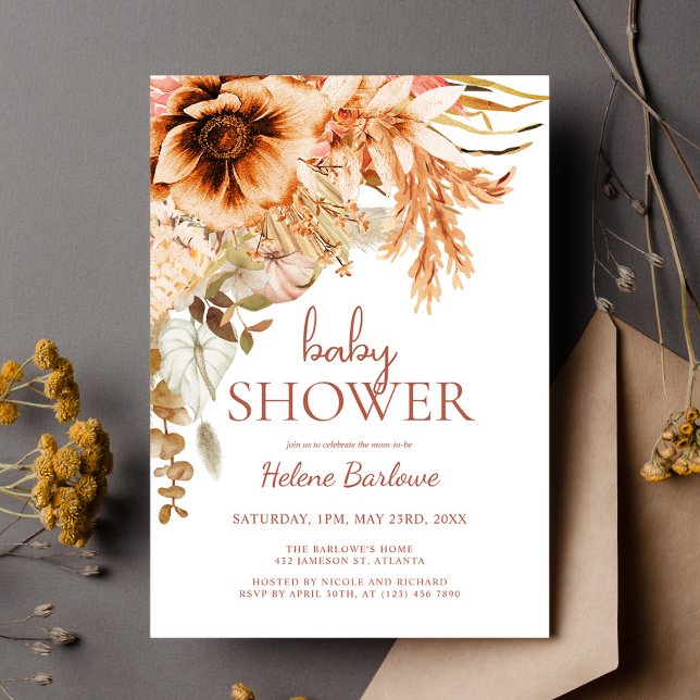 Convite Chá de fraldas Floral Terracotta (Elegant Floral Terracotta Fall Baby Shower Invitation)