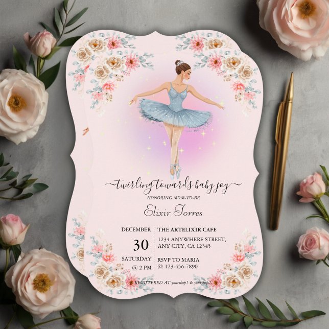 Convite Chá de fraldas Floral Twirling Ballerina Watercolo (Criador carregado)