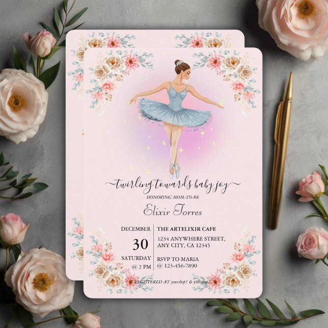 Convite Chá de fraldas Floral Twirling Ballerina Watercolo (Criador carregado)