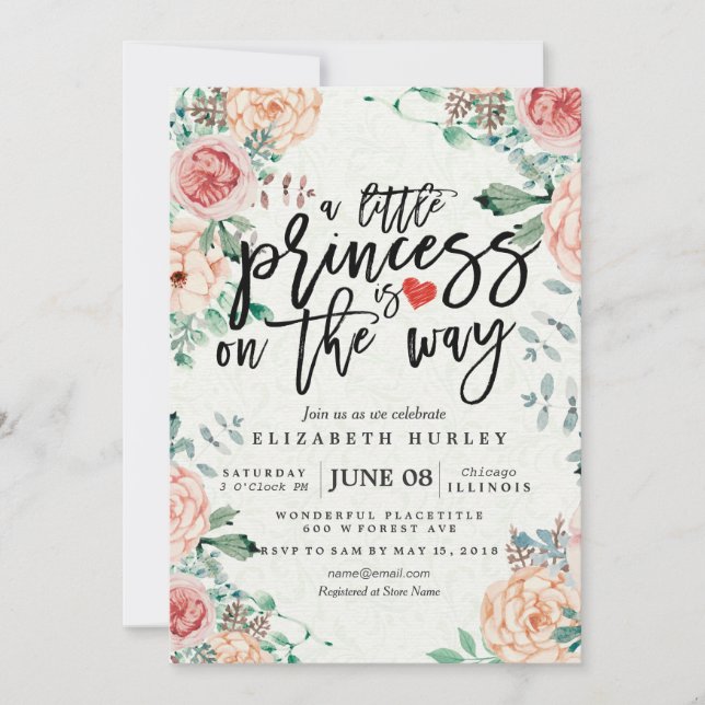 Convite Chá de fraldas Floral, uma pequena princesa está a (Frente)