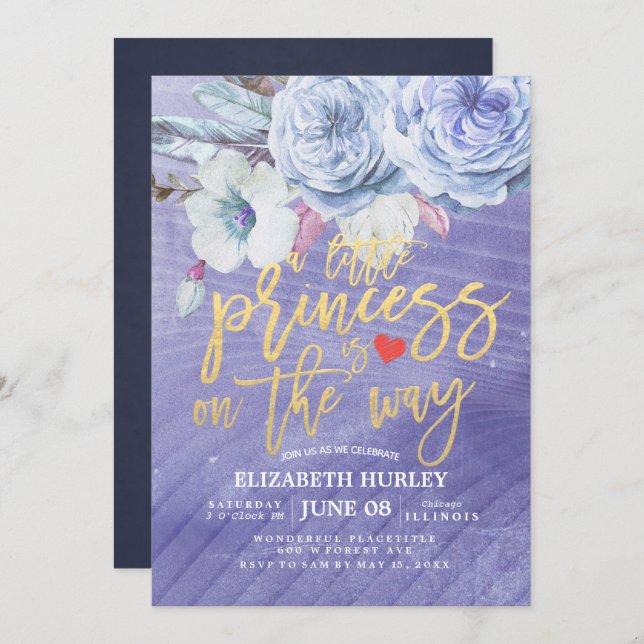 Convite Chá de fraldas Floral, uma pequena princesa está a (Frente/Verso)