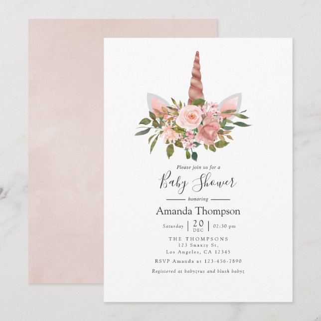 Convite Chá de fraldas Floral Unicorn Blush e Rosa Dourado (Frente/Verso)