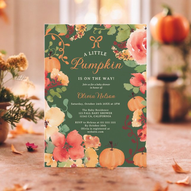 Convite Chá de fraldas floral verde-abóbora-de-outono (Fall Boho Little pumpkin green floral baby shower Invitation)