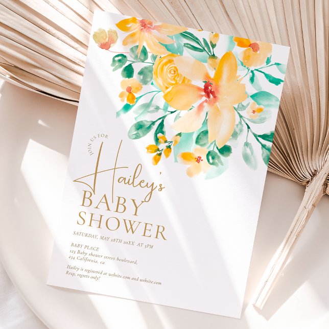 Convite chá de fraldas floral verde-amarelo bonito para ja (Pretty garden yellow green floral baby shower invitation)