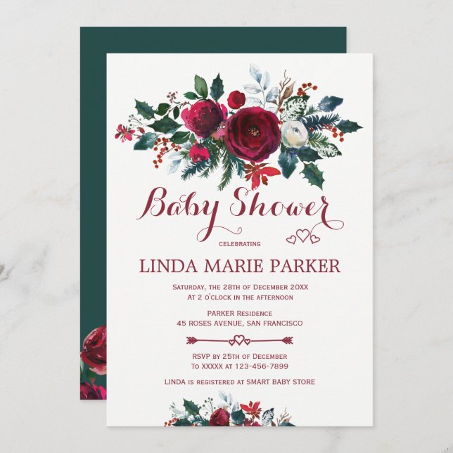 Convite Chá de fraldas floral verde de pinheiros da Borgon (Frente/Verso)