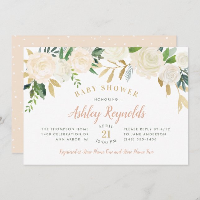 Convite Chá de fraldas Floral Verde e Dourado Blush Elegan (Frente/Verso)