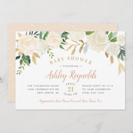 Convite Chá de fraldas Floral Verde e Dourado Blush Elegan