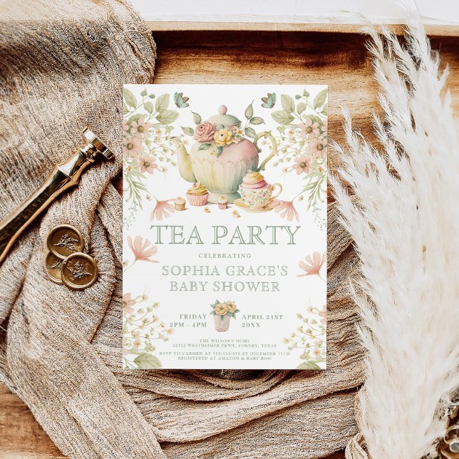 Convite Chá de fraldas Floral Verde e Rosa do Tea Party (Criador carregado)