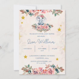 Convite Chá de fraldas Floral Verde Pêssego Azul-Elefante 