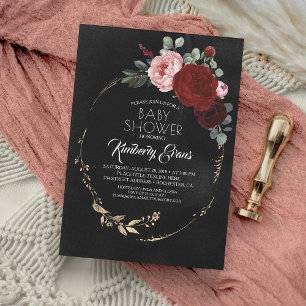 Convite Chá de fraldas floral vermelho e Dourado de
