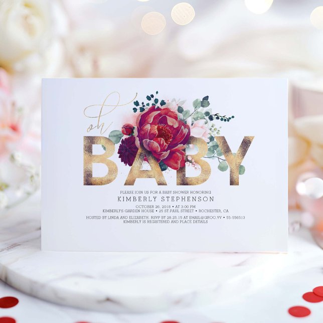 Convite Chá de fraldas Floral Vermelho e Rosa Esbranquiçad (Floral Baby Shower Invitations)