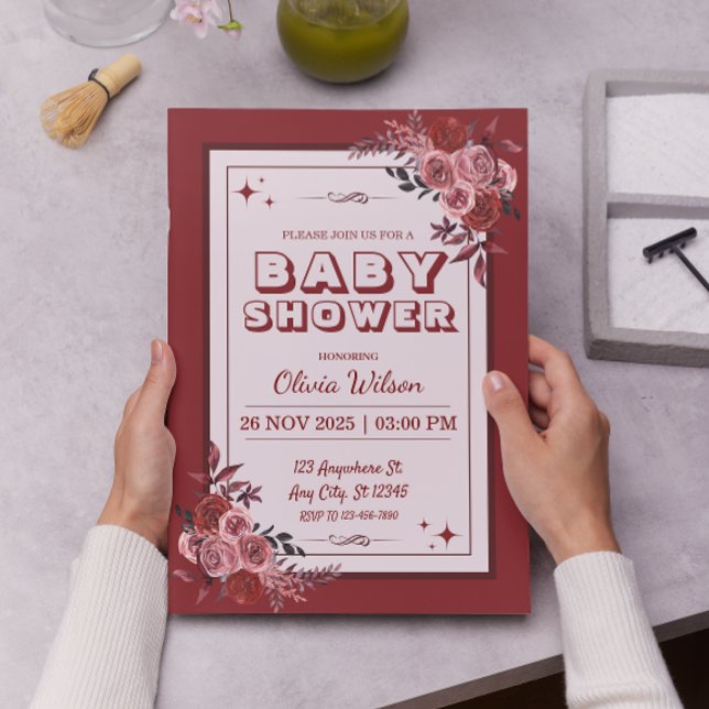 Convite Chá de fraldas Floral Vermelho e Rosa Esbranquiçad (Criador carregado)