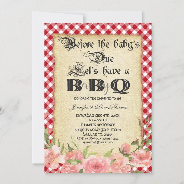 Convite Chá de fraldas Floral Vermelho Gingham Floral de P (Frente)
