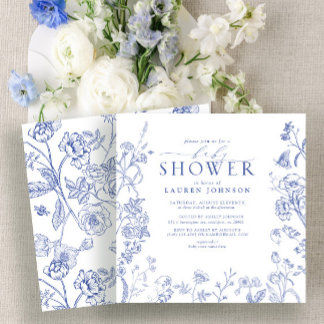 Convite Chá de fraldas Floral Vitoriano Azul e Branco