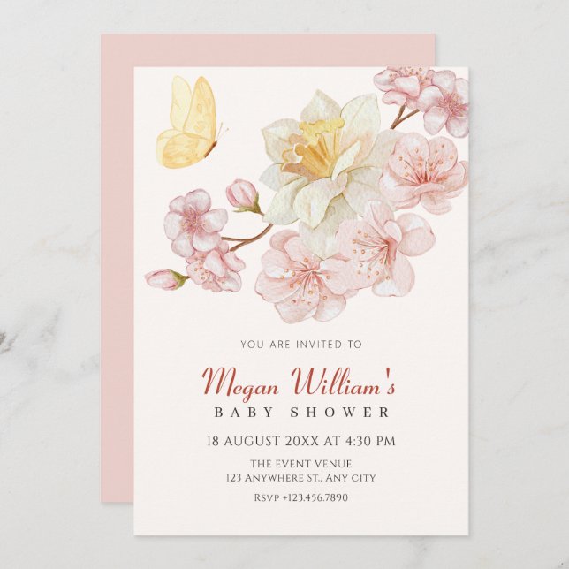 Convite Chá de fraldas florescente das flores de pêssego (Frente/Verso)