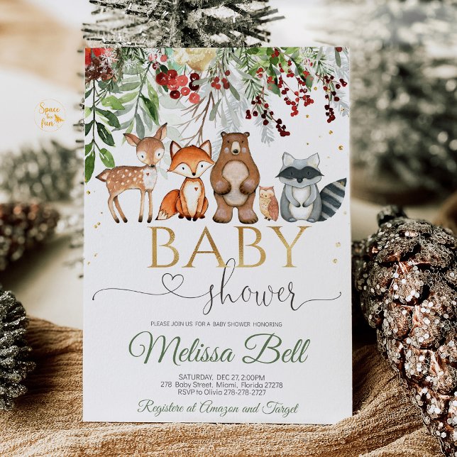 Convite Chá de fraldas florestal (Woodland Forest Animal Baby Shower invitation with cute forest creatures like deer, foxes, and bears)