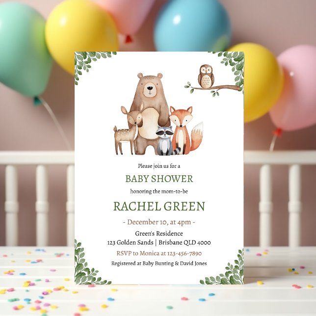 Convite Chá de fraldas Florestal Cuja Floresta Florestal É (Cute Forest Animals Woodland Baby Shower Invitation)
