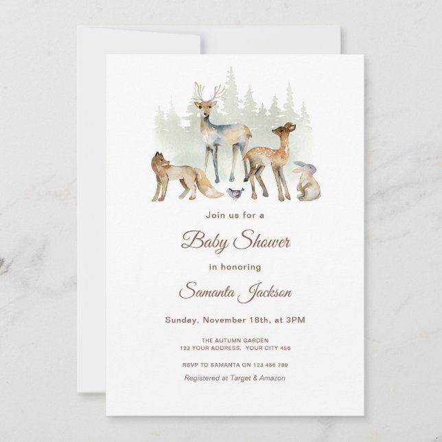 Convite Chá de fraldas Florestal de Animais (Frente)