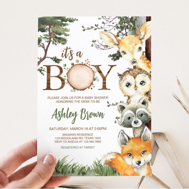 Convite Chá de fraldas Florestal de Animais da Floresta (Woodland Forest Baby Shower Invitation)