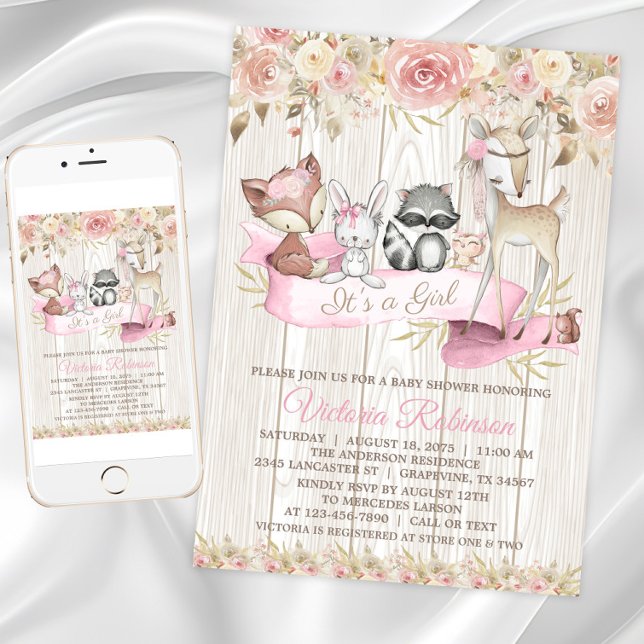Convite Chá de fraldas Florestal de Floresta de Rosa Blush (Cute woodland animal baby shower invitation. Instant download and printed invitations available.)