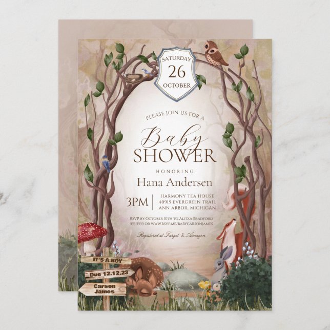 Convite Chá de fraldas Florestal de Madeira (Frente/Verso)